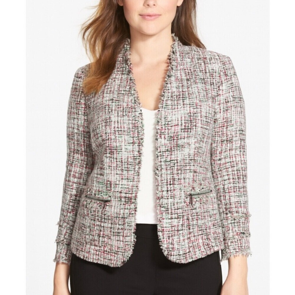 Ann Taylor Tweed multi color Chanel open front blazer frayed edge career SZ 8